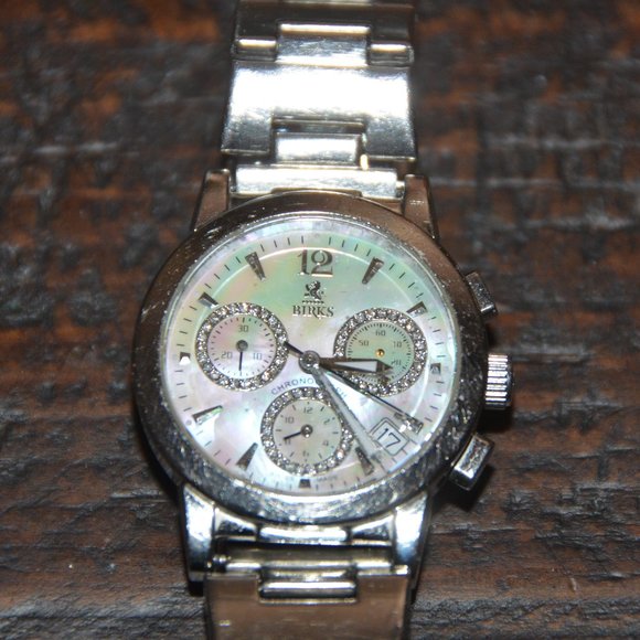 RARE VINTAGE ESTATE MAYORS BIRKS DIAMOND WHITE MOP CHRONOGRAPH SILVER BAND WATCH main image 10